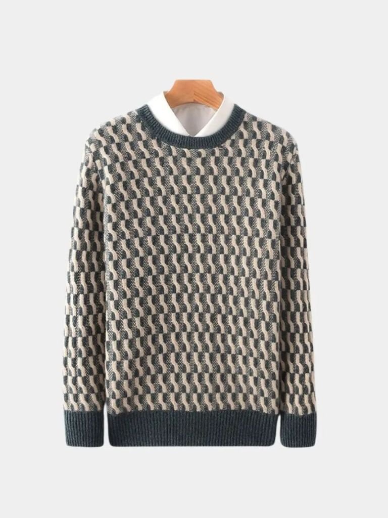100% Wool Geometric Crew Neck Pullover Sweater for Men
