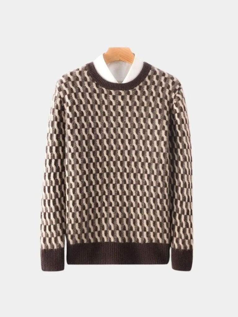 100% Wool Geometric Crew Neck Pullover Sweater for Men