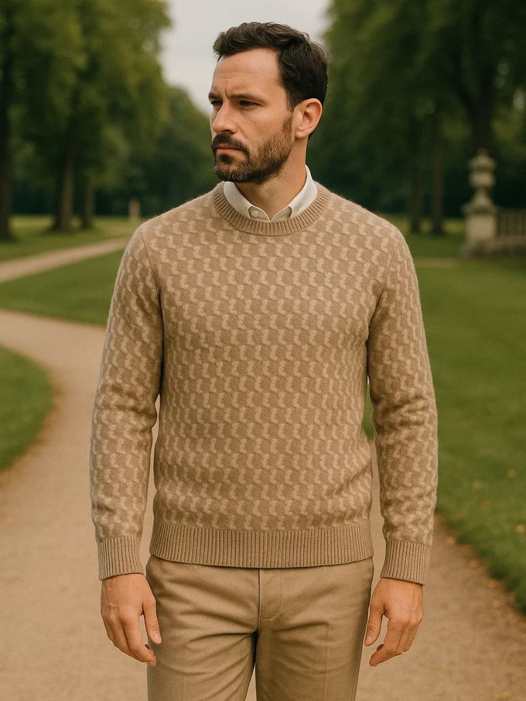 100% Wool Geometric Crew Neck Pullover Sweater for Men