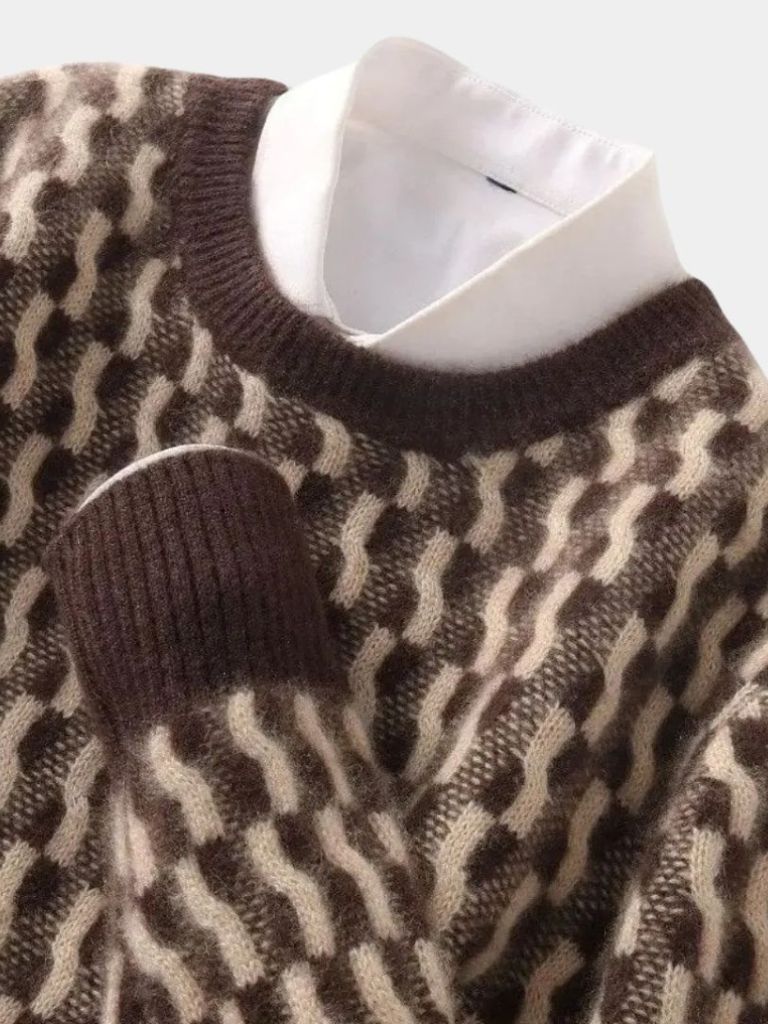 100% Wool Geometric Crew Neck Pullover Sweater for Men