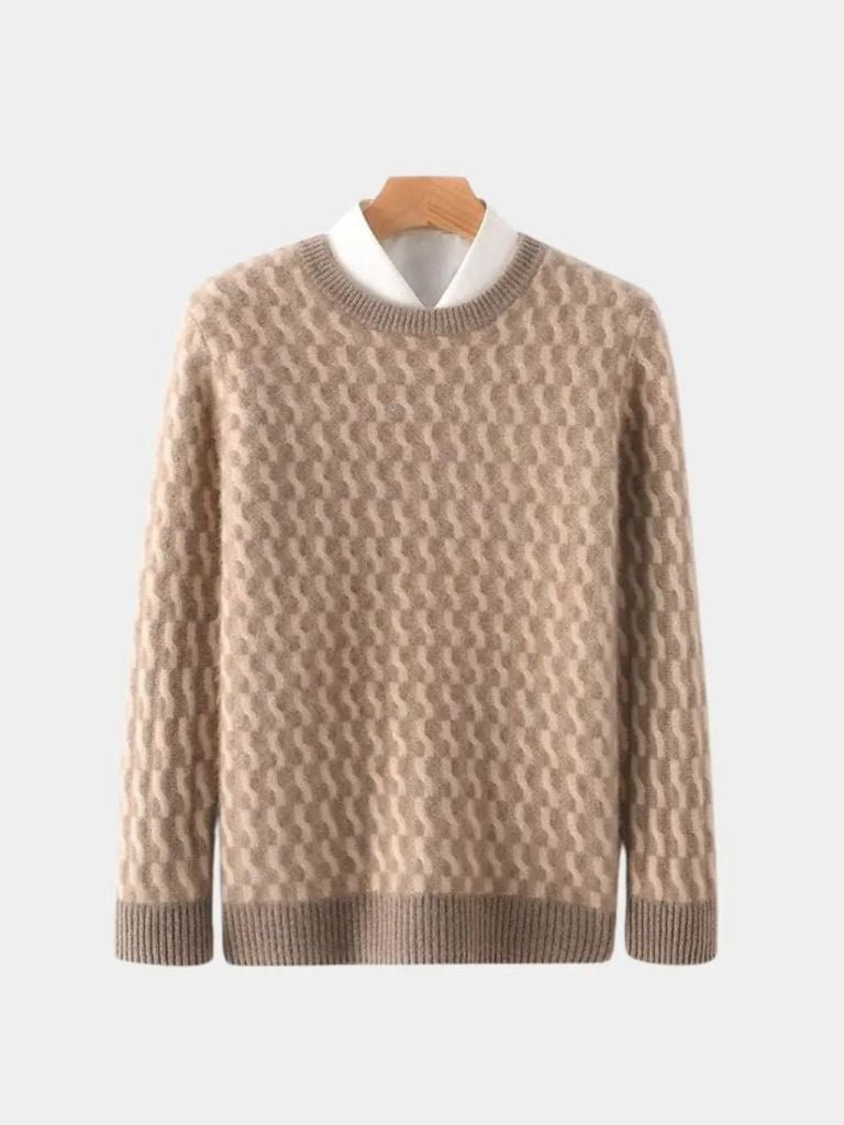 100% Wool Geometric Crew Neck Pullover Sweater for Men
