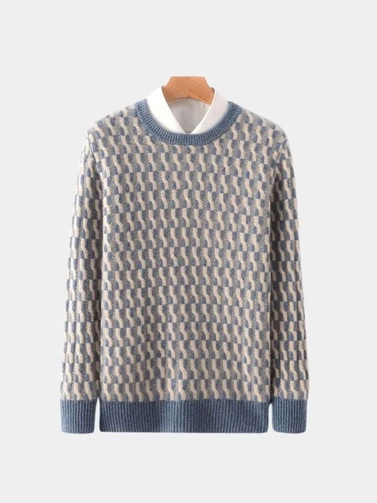 100% Wool Geometric Crew Neck Pullover Sweater for Men