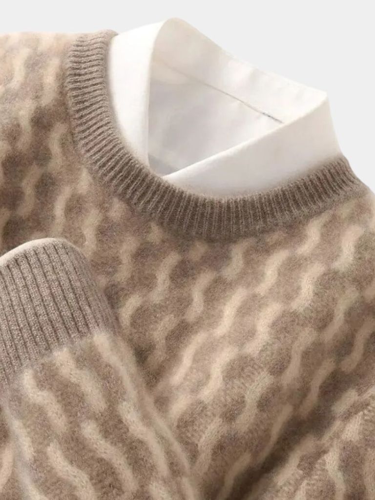 100% Wool Geometric Crew Neck Pullover Sweater for Men