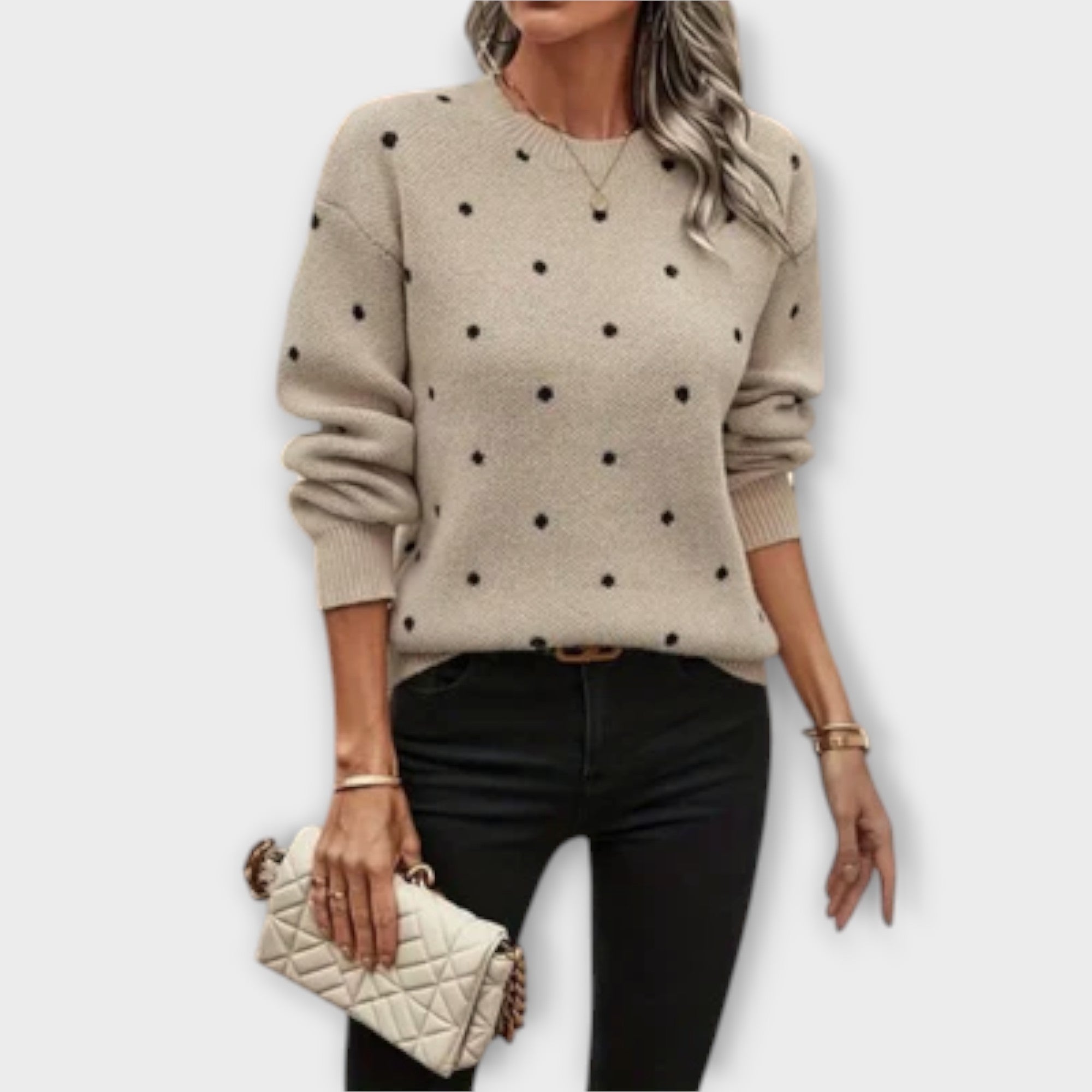 Casual long-sleeve knitted jumper with polka dot pattern