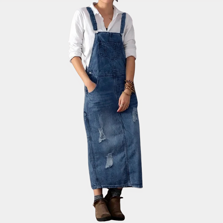 Back Slit Distressed Denim Overalls Dress