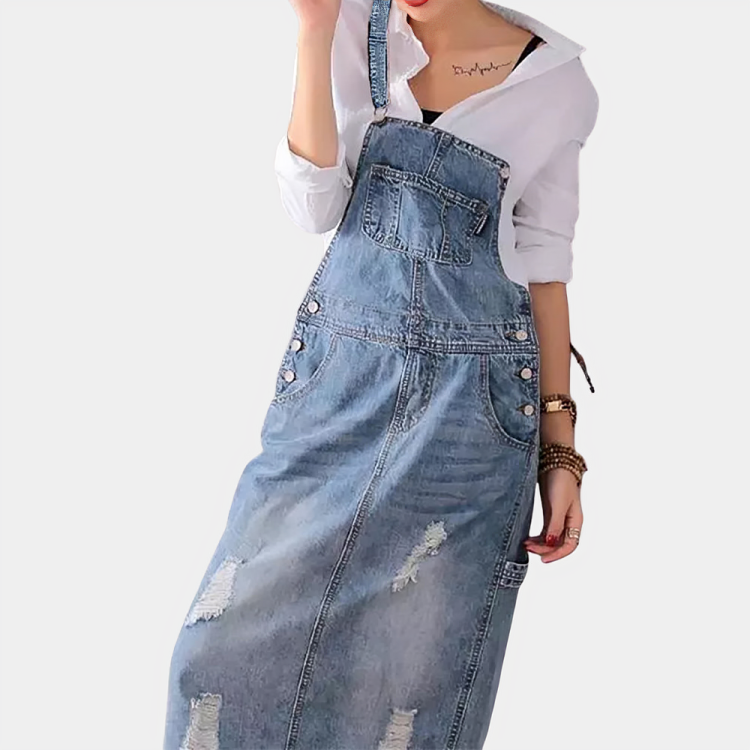 Back Slit Distressed Denim Overalls Dress