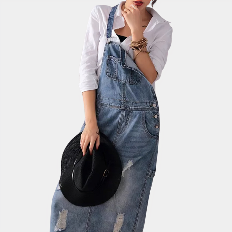 Back Slit Distressed Denim Overalls Dress