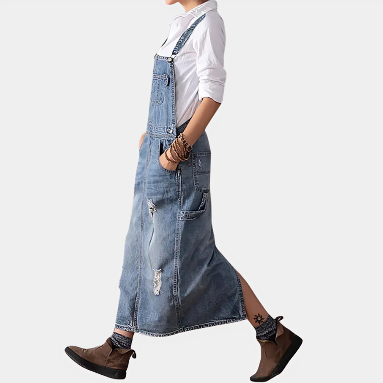 Back Slit Distressed Denim Overalls Dress
