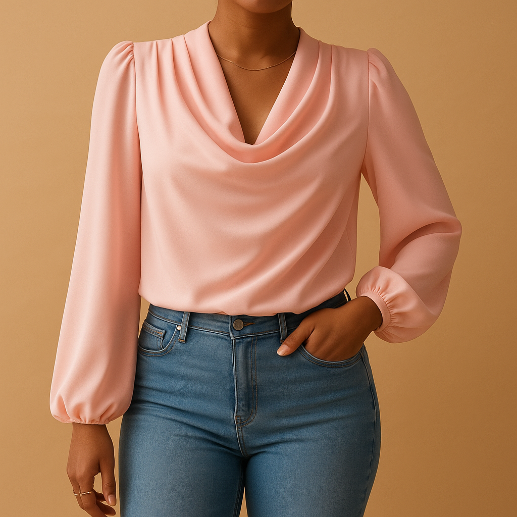 Chiffon V-neck blouse with puff sleeves for women | Eliza
