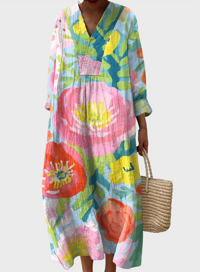 Mila Art Cotton-Linen Dress with Flowers