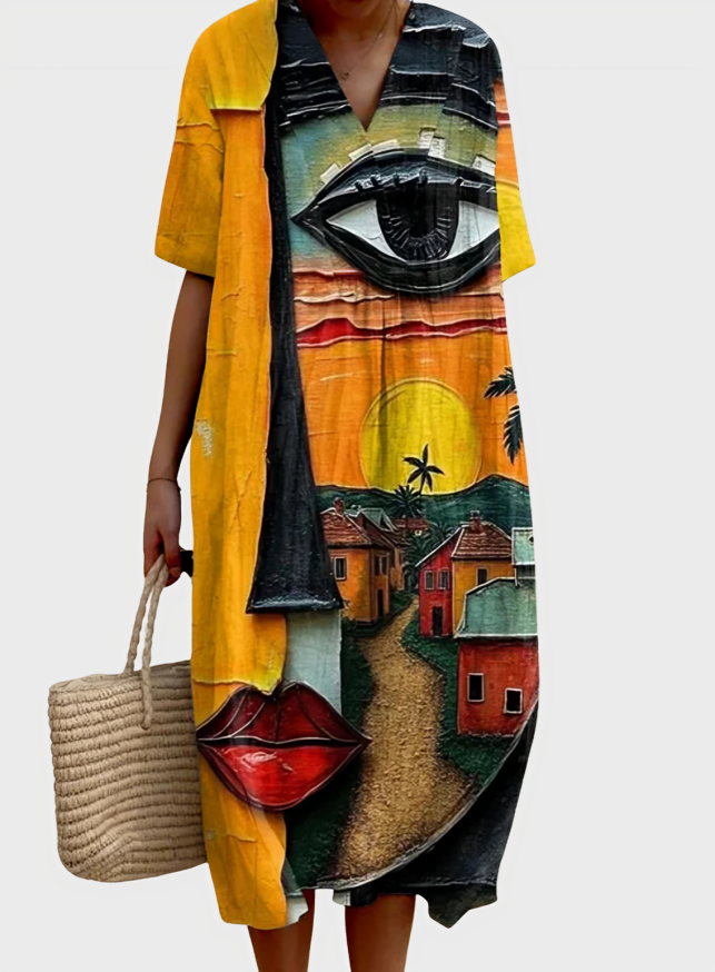Art Graphic Face Cotton-Linen Dress