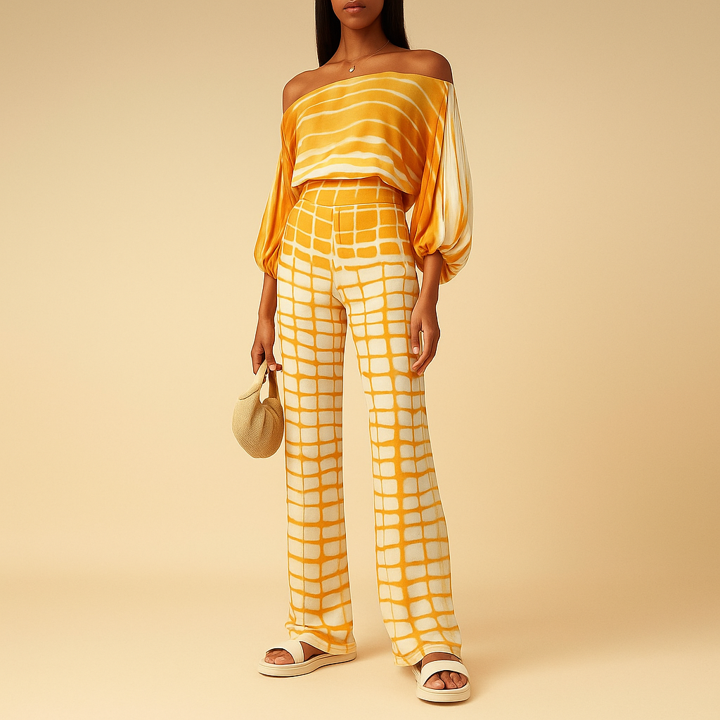 Off-shoulder top and wide-leg trouser set for women | Celina