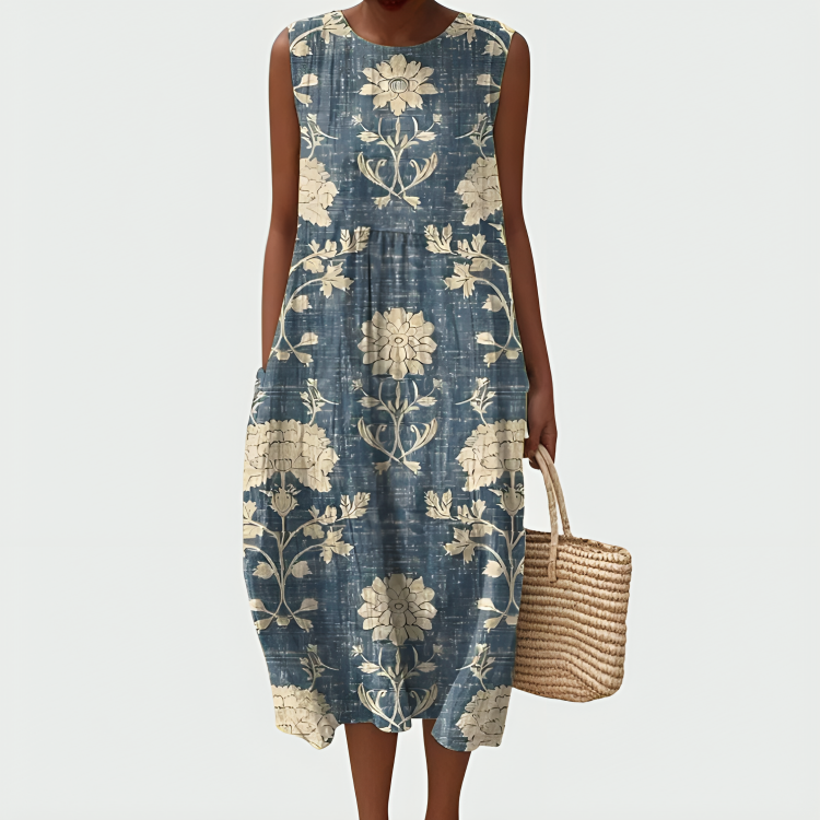 Elisa Vintage Floral Pattern Midi Dress