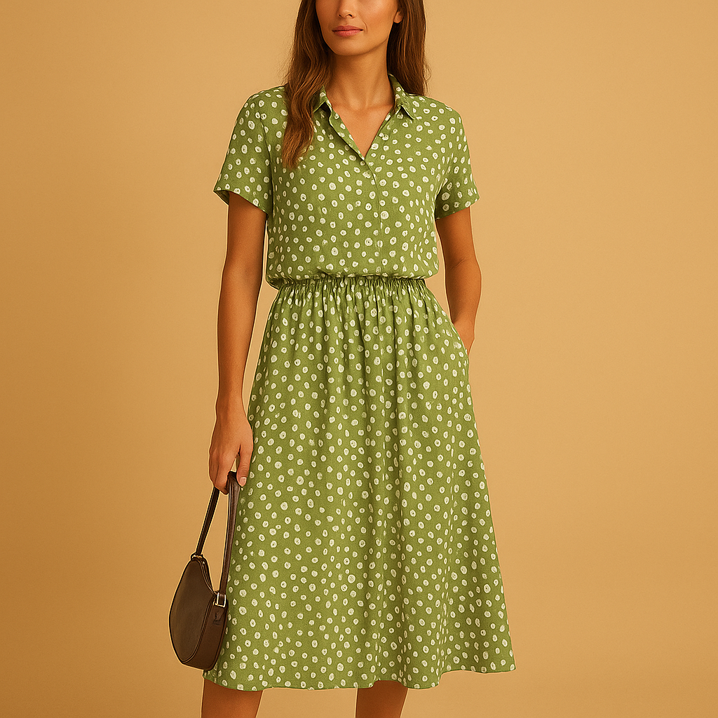 A-line midi dress with V-neck and short sleeves for women | Noelle