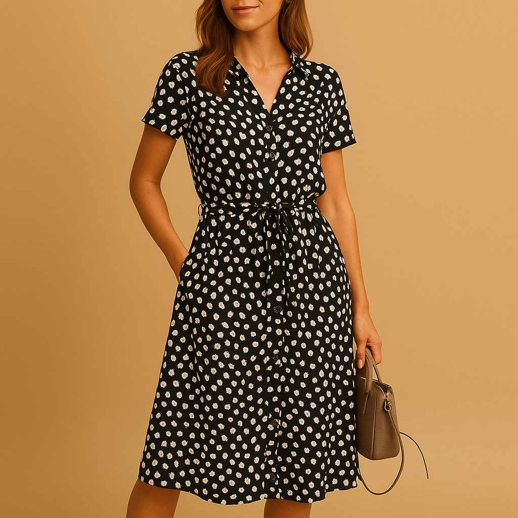 A-line midi dress with V-neck and short sleeves for women | Noelle
