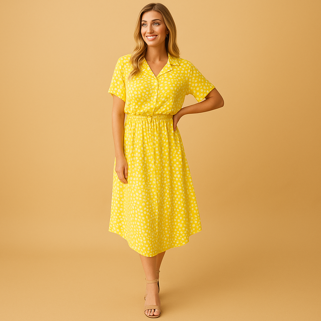 A-line midi dress with V-neck and short sleeves for women | Noelle