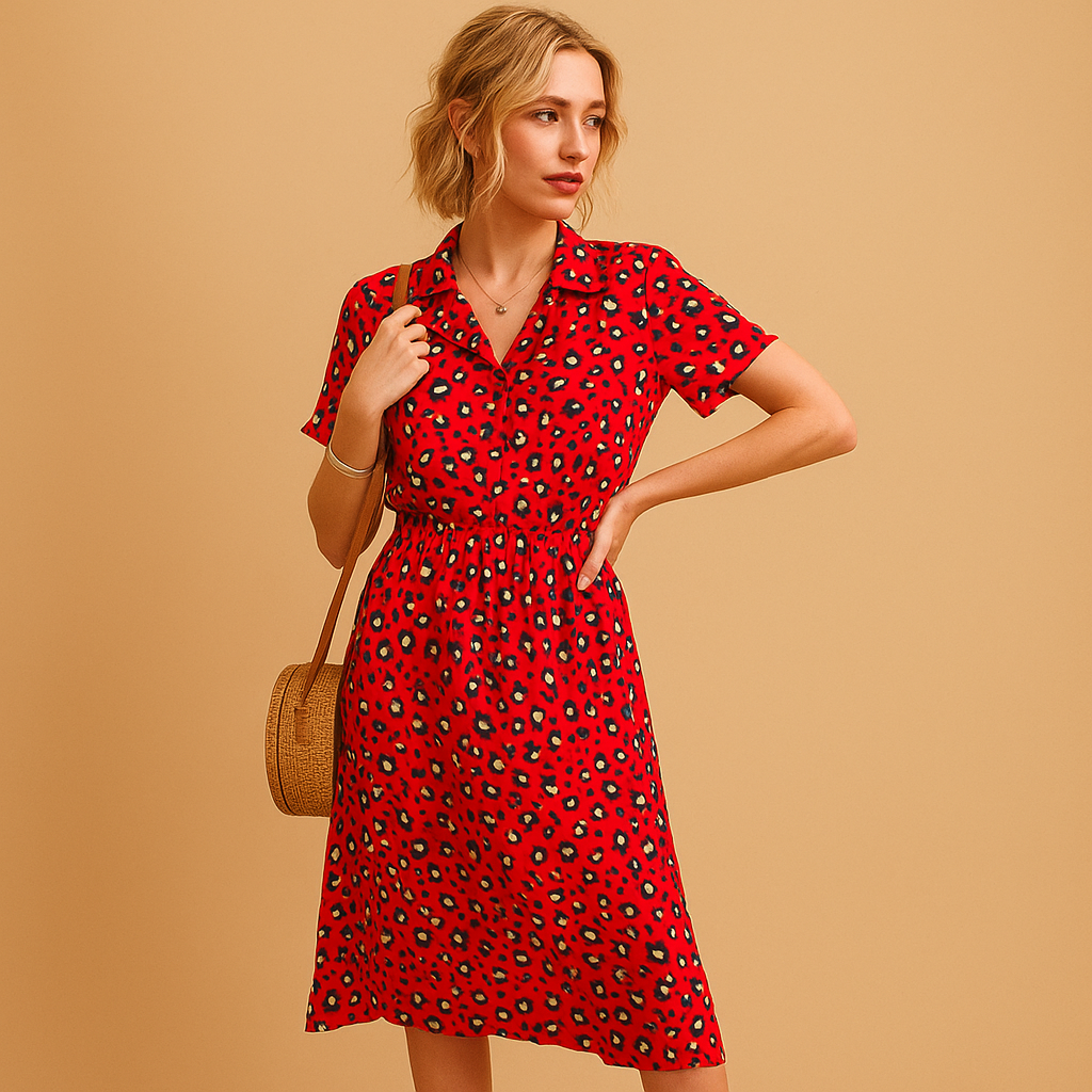 A-line midi dress with V-neck and short sleeves for women | Noelle