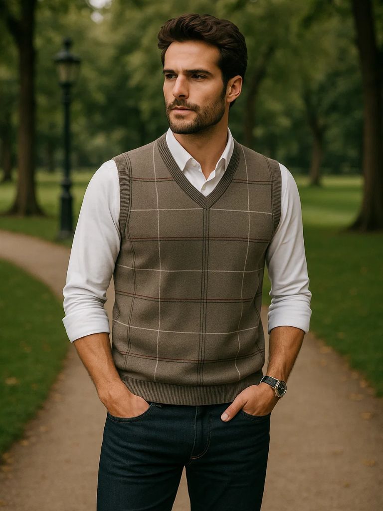 Academic Checkered Kinit Vest for Men