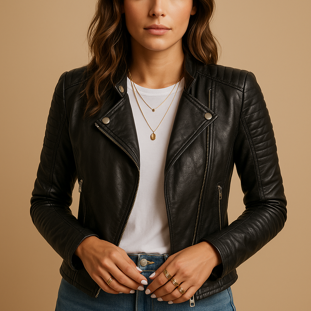 Black faux leather jacket with collar for women | Avalon