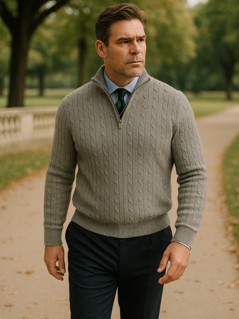 Cable-Knit Zip Neck Sweater for Men