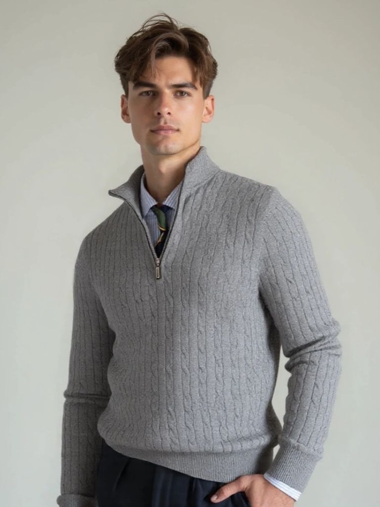 Cable-Knit Zip Neck Sweater for Men