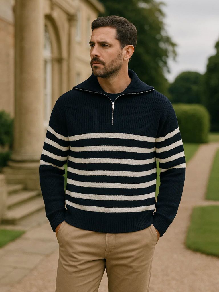 Casual Striped Zip Up Sweater for Men