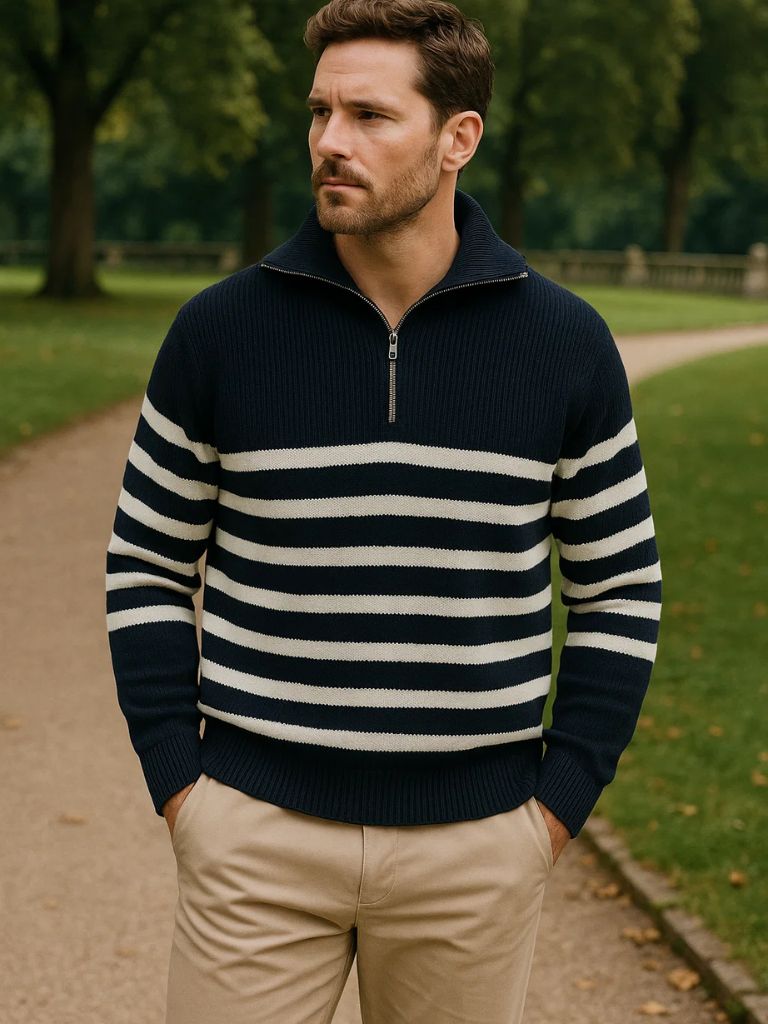 Casual Striped Zip Up Sweater for Men