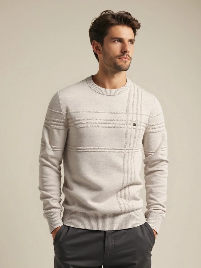 Cotton Knitted Stripped Crew Neck Pullover Sweater for Men