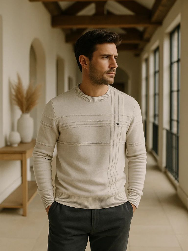 Cotton Knitted Stripped Crew Neck Pullover Sweater for Men