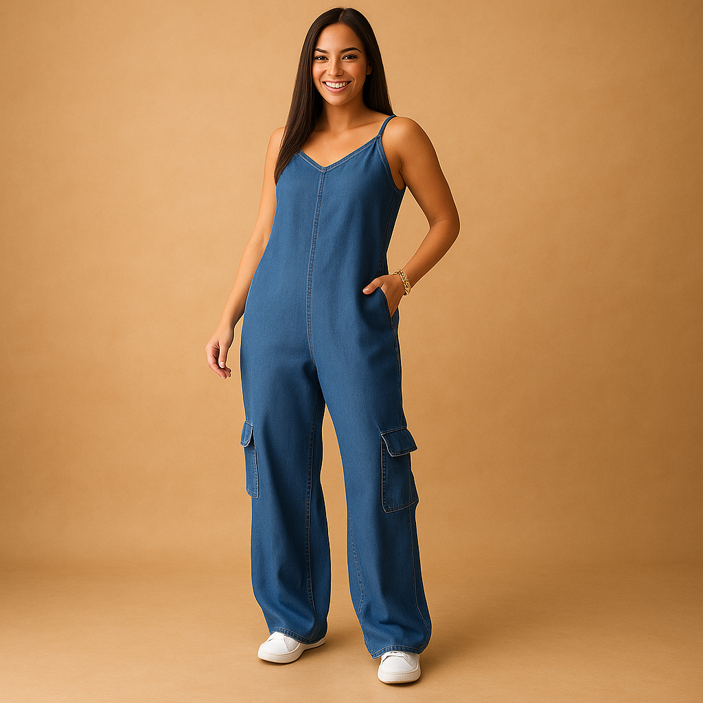 Denim jumpsuit with V-neck and open back for women | Brielle