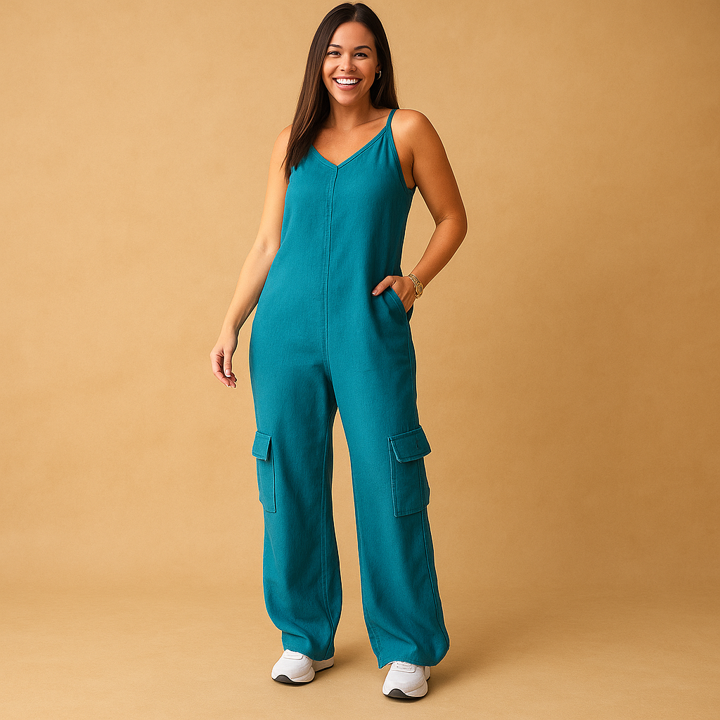 Denim jumpsuit with V-neck and open back for women | Brielle