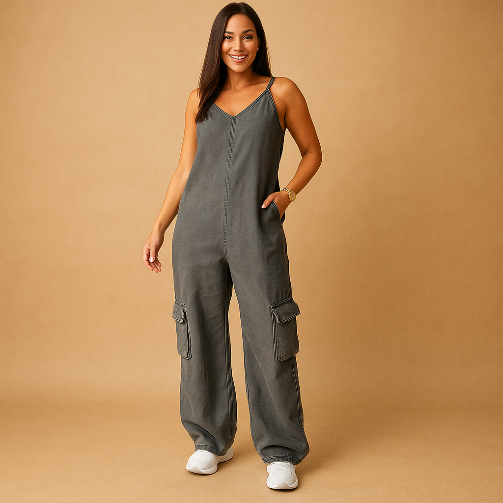 Denim jumpsuit with V-neck and open back for women | Brielle