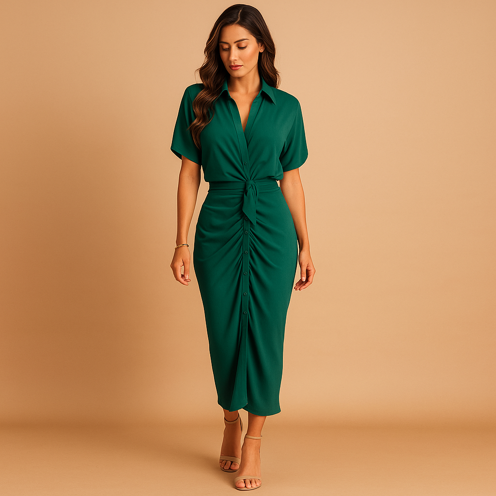 Elegant ankle-length dress with draped V-neck for women | Celeste