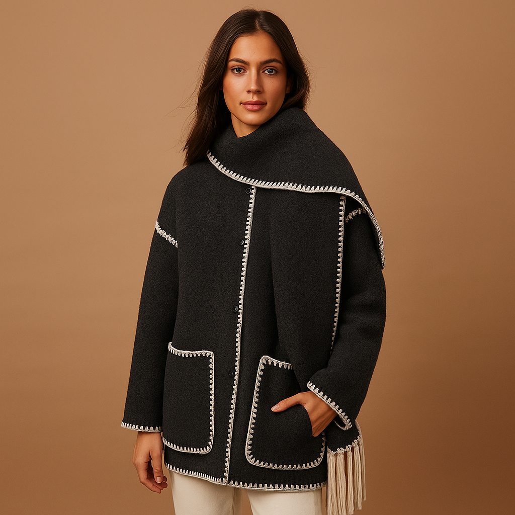 Elegant belted winter coat with scarf for women | Latrice