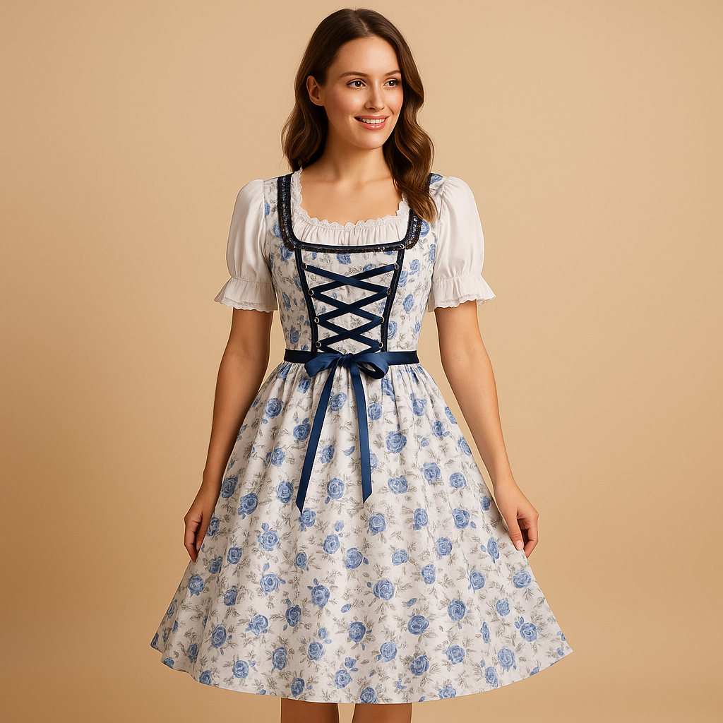 Elegant blue lace party dress with apron for women | Christy