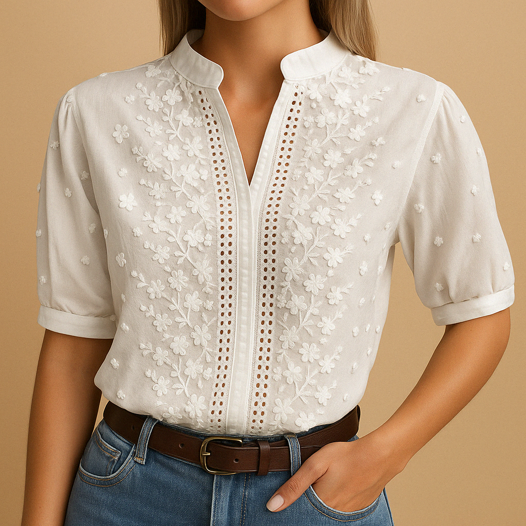 Elegant white button-up blouse with collar for women | Elvira