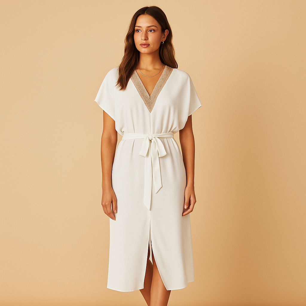 Elegant white midi dress with V-neck for women | Yara