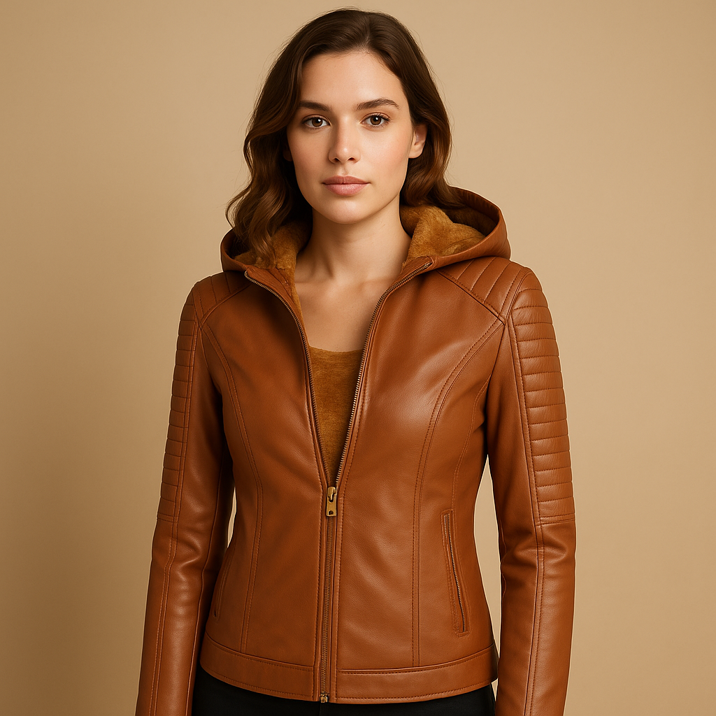 Faux leather jacket with hood and gold zippers for women | Mirjete
