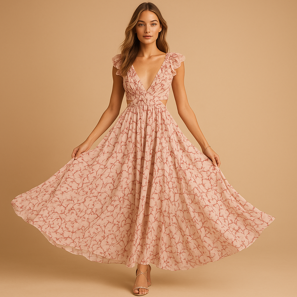 Floral ruffle maxi dress with deep V-neck for women | Jasmine