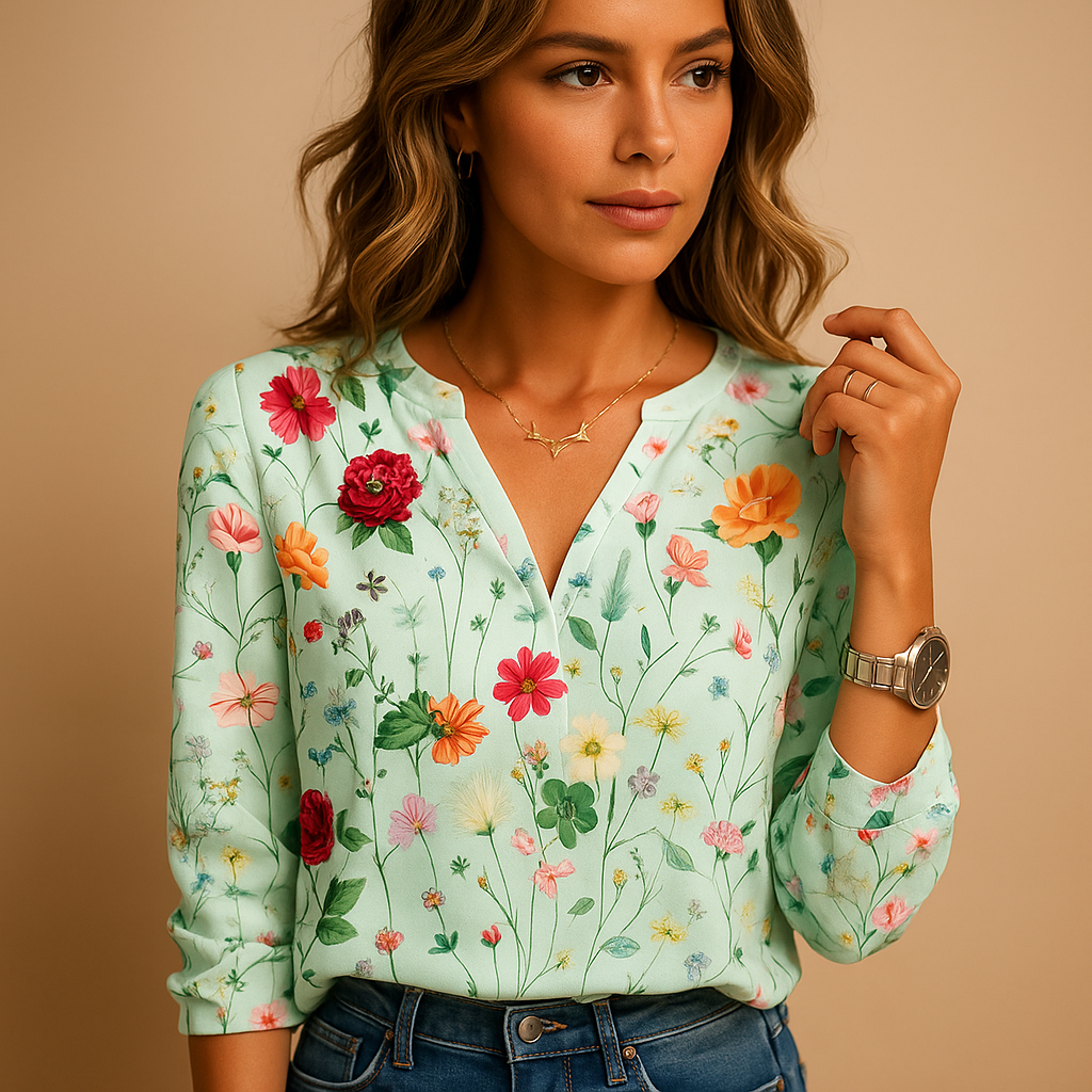 Floral V-neck blouse with long sleeves for women | Ava