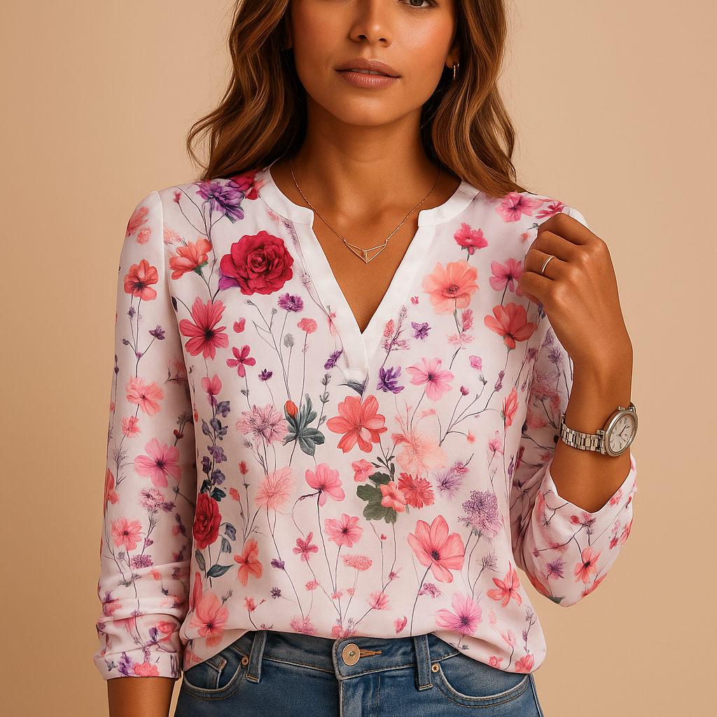 Floral V-neck blouse with long sleeves for women | Ava