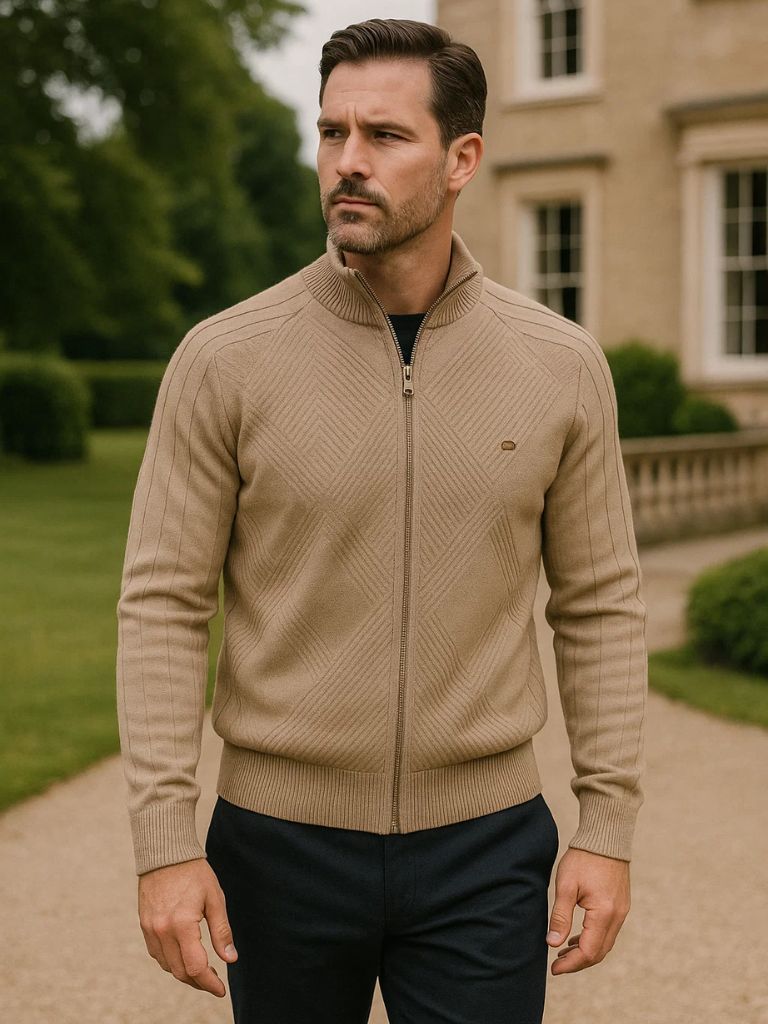 Knit Zipper Jacquard Solid Color Cardigan Sweater for Men