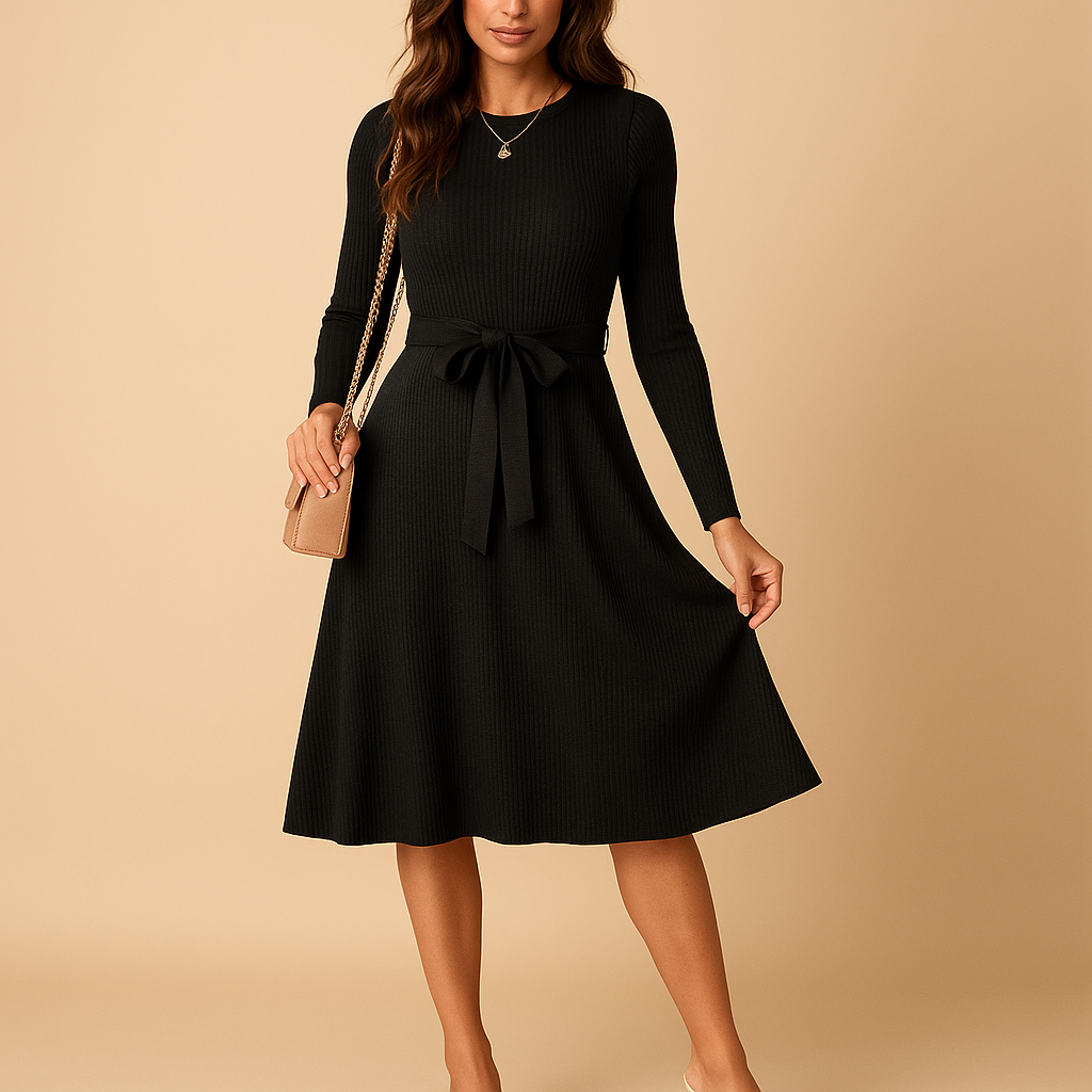Knitted belted autumn dress with long sleeves for women | Lianne