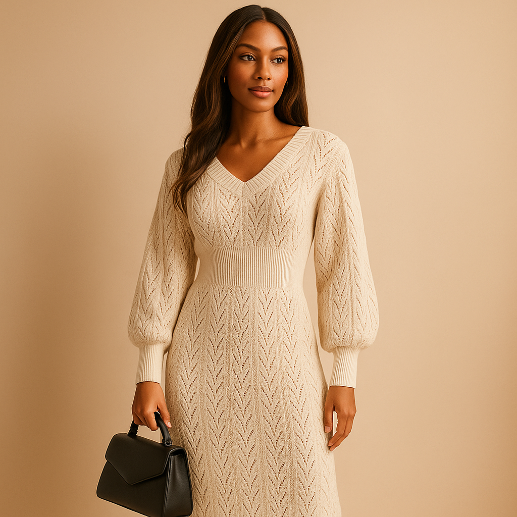 Knitted V-neck dress with long sleeves for women | Iris