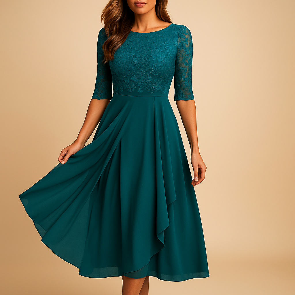 Lace top midi dress with asymmetrical skirt for women | Clarissa