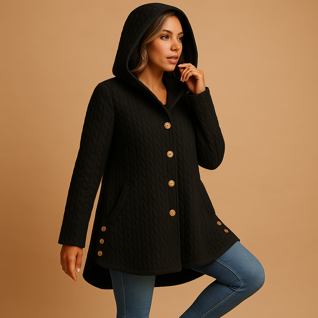 Long hooded winter coat with buttons for women | Belle