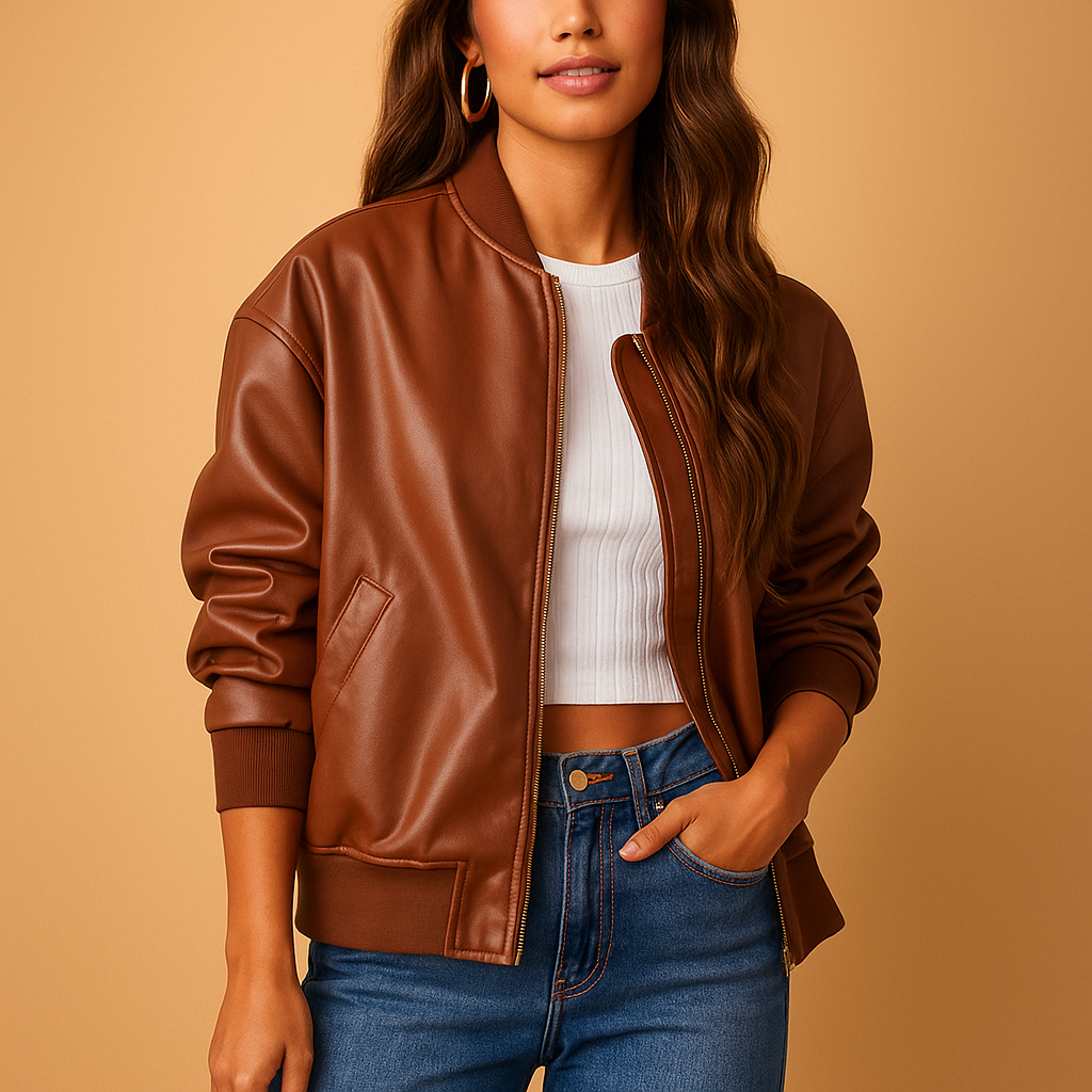 Long leather baseball-style winter jacket for women | Drusilla