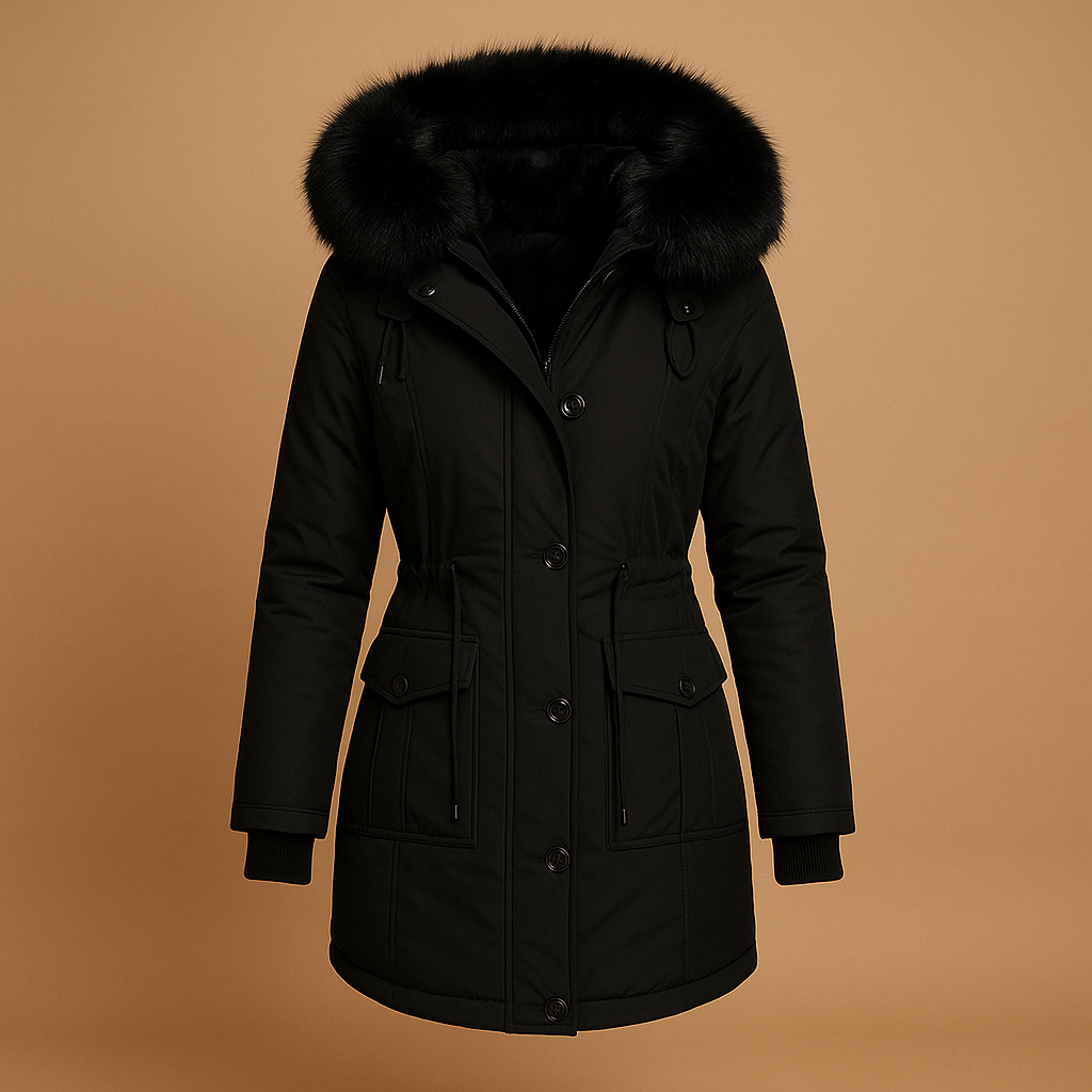 Long waterproof winter coat with faux fur hood for women | Frieda