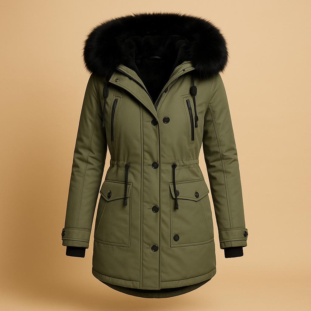 Long waterproof winter coat with faux fur hood for women | Frieda