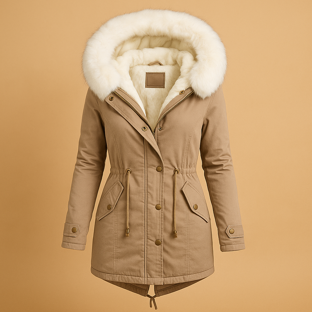 Long winter coat with faux fur hood for women | Meredith